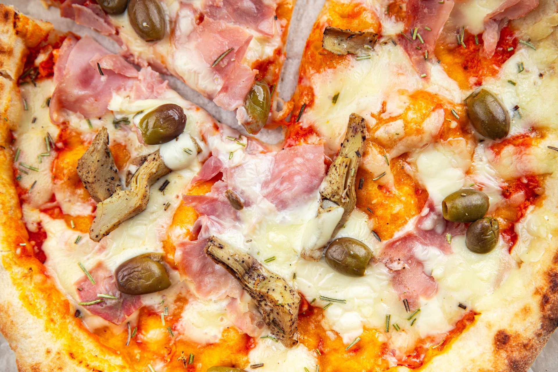 artichoke pizza ham olives fast food eating appetizer meal food snack on the table copy space