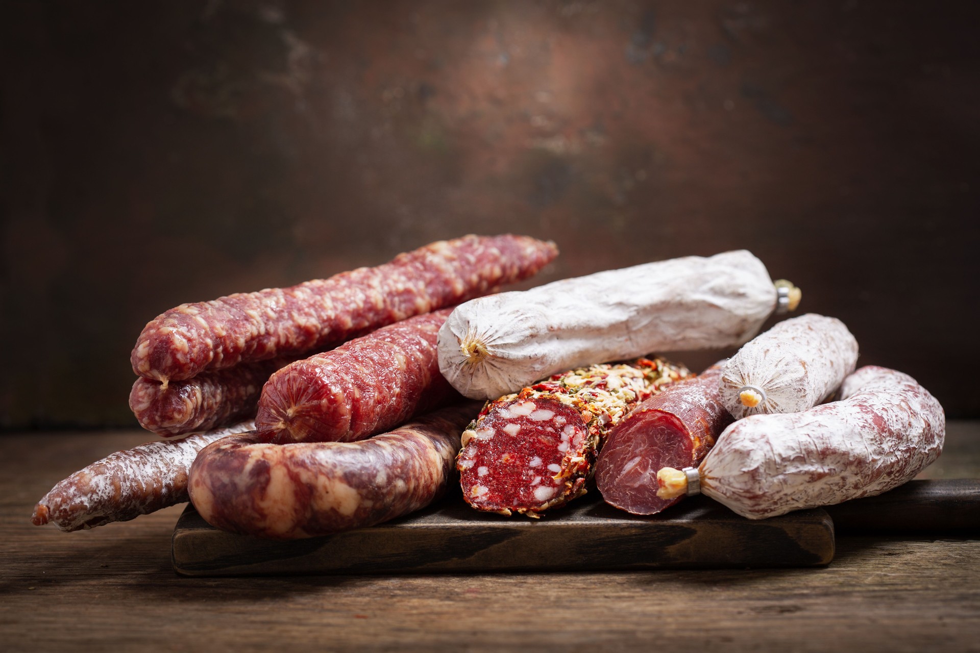 Various kind types of salami and sausages